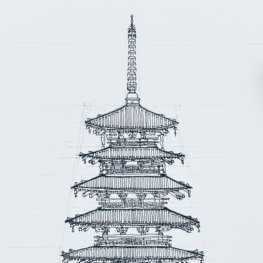 建築スケッチ :「法隆寺・五重塔」