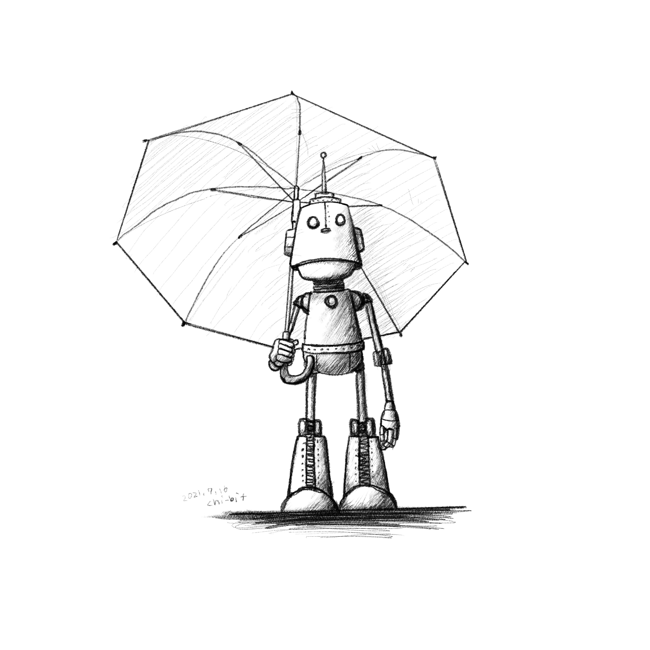 イラスト : ロボットと傘 | Robots and Umbrella.