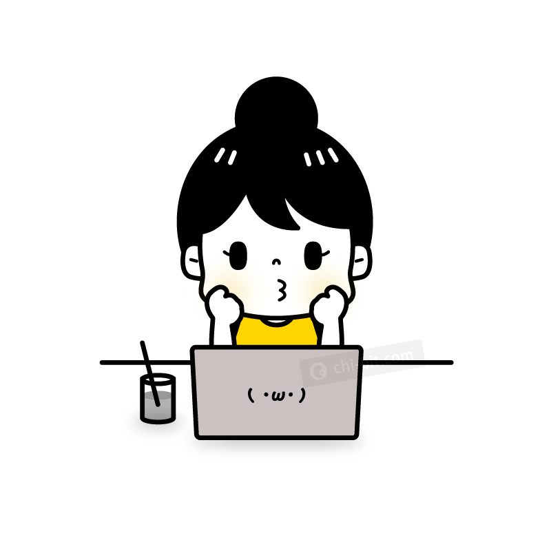 ノートパソコンを前にどうしようか悩んでる女の子のイラスト