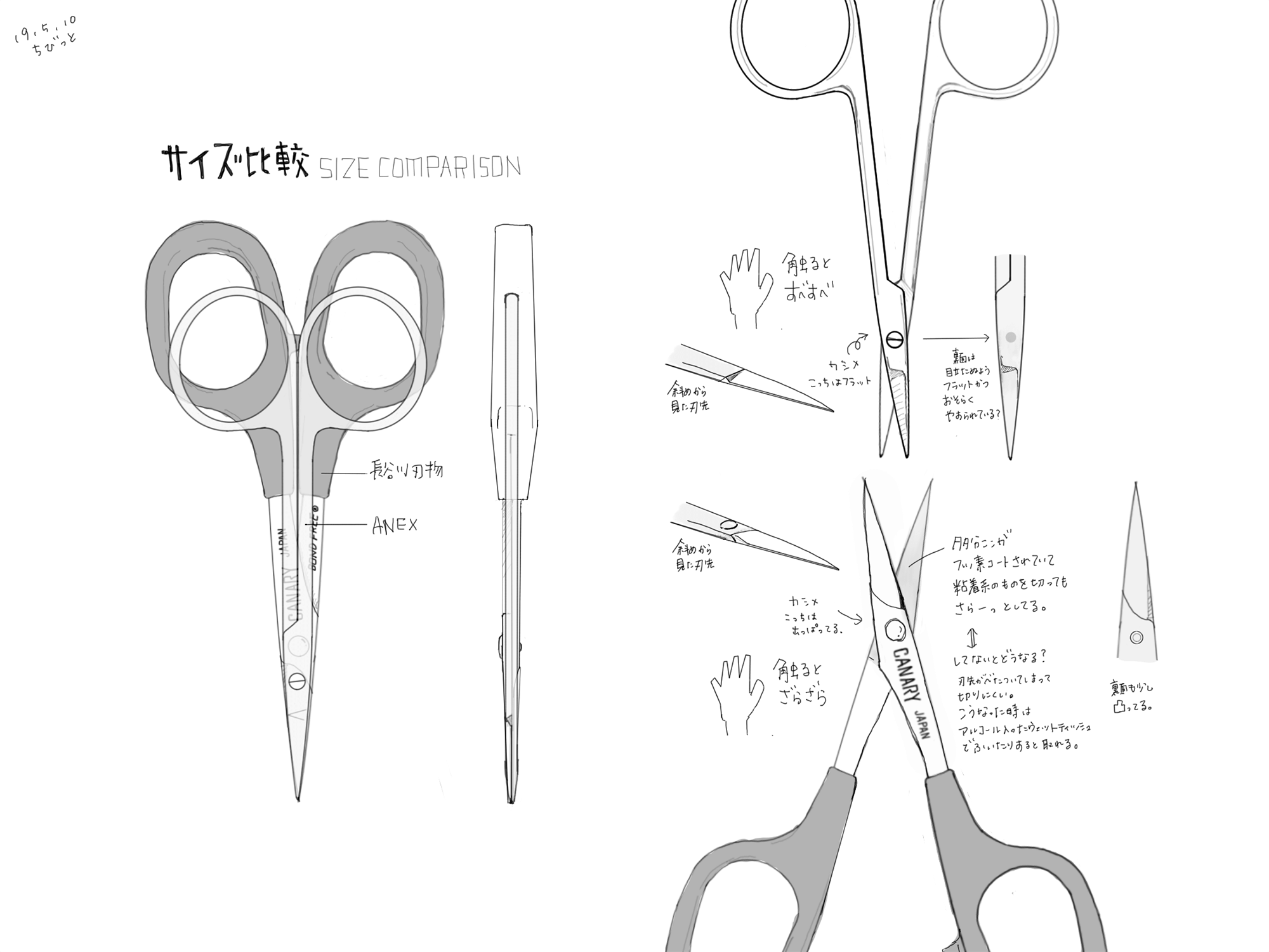 観察スケッチ : ANEX 精密ハサミ & 長谷川刃物株式会社 極細デザイン用ハサミ | ANEX Sewing Scissors No.090 & CANARY Paper Craft Scissors Stainless Steel DS-100